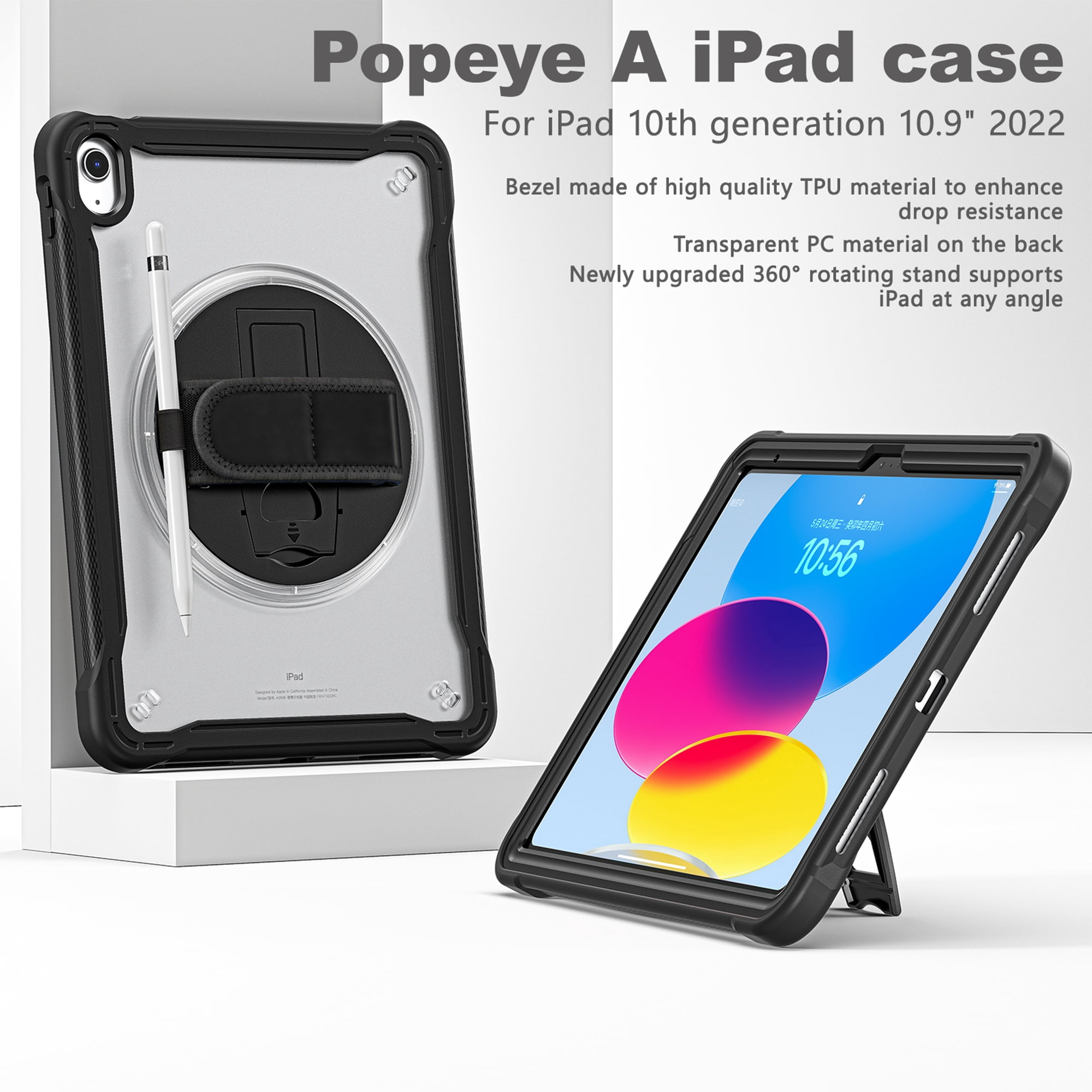 Dteck for iPad 10th Generation Case with Screen Protector,360 Rotating Stand & Pencil Holder & Hand & Shoulder Strap Shockproof Kids Case for 10.9 inch iPad 10th Gen 2022,Black