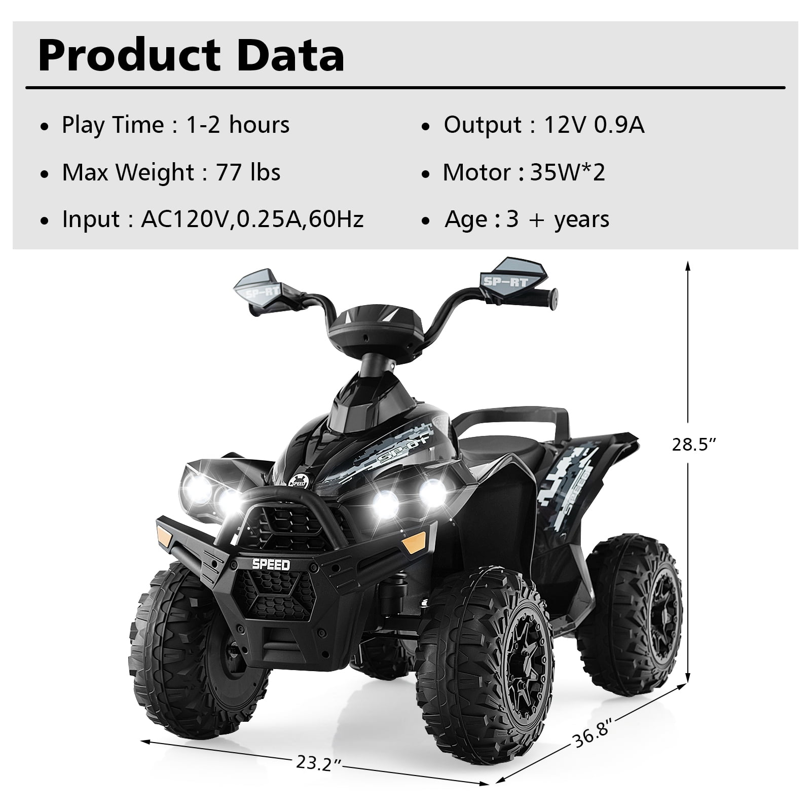OLAKIDS Kids Ride on ATV, 12V 4-Wheeler Quad Toy Vehicle with Music, Horn, High Low Speeds, LED Lights, Electric Ride On Toy, Battery Powered Wheels Car for Kids Over 3 Years Old