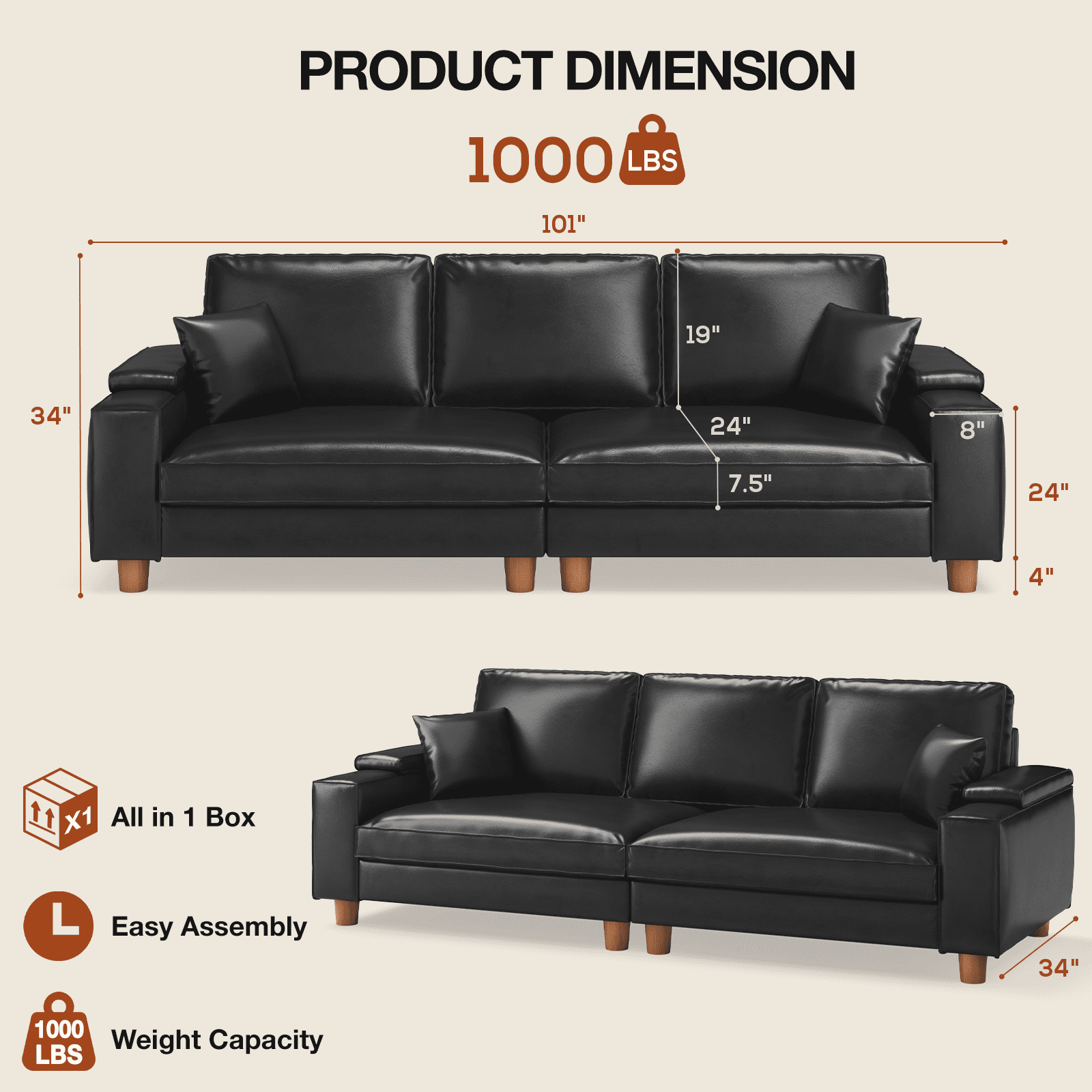 101" Large PU Leather Sofa Couch, Spring Cushion Modern Couch with 24" Extra Deep Seat, Wide Storage Armchair, Comfy Upholstered Oversized Loveseat (Includes 2 Pillows) for Living Room, Office, Black