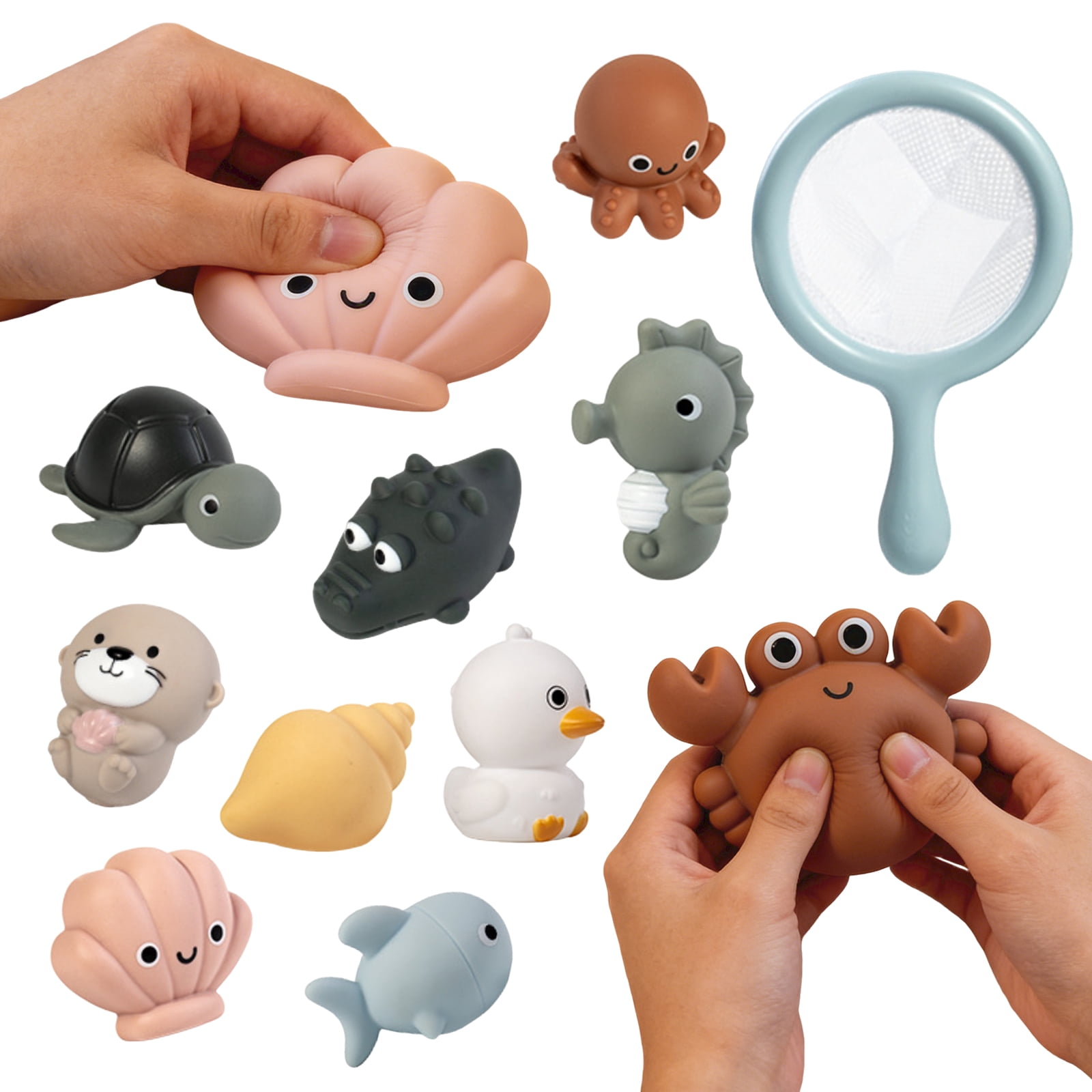 Squeeze Animal Squirt Toy And Shark Fishing Net Kids Bathroom Set, Toddlers Shower Time Distraction Interactive Water Table Play Routine, Non Toxic BPA Free Smooth Floating Sensory Games For Babies