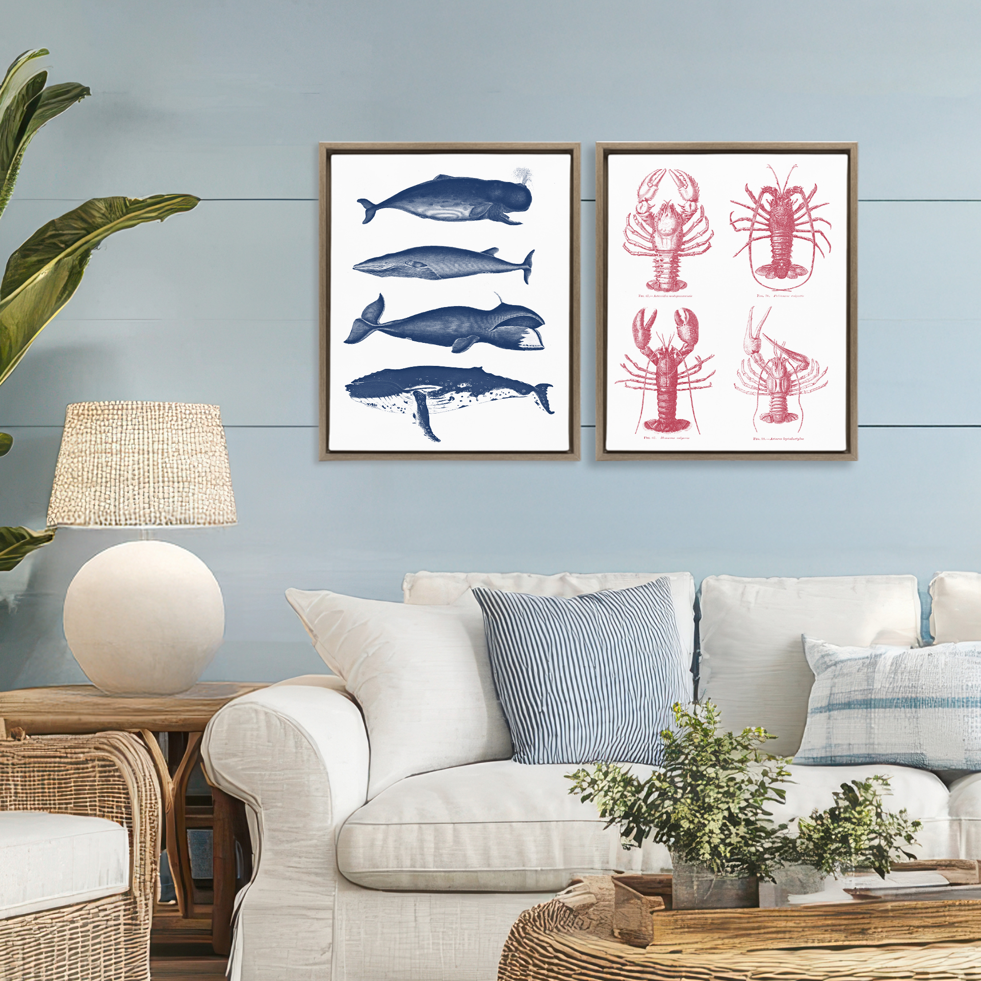 Marine Whales & Lobsters 2 Piece Brown Framed Floater Canvas Set, design by Lettered and Lined