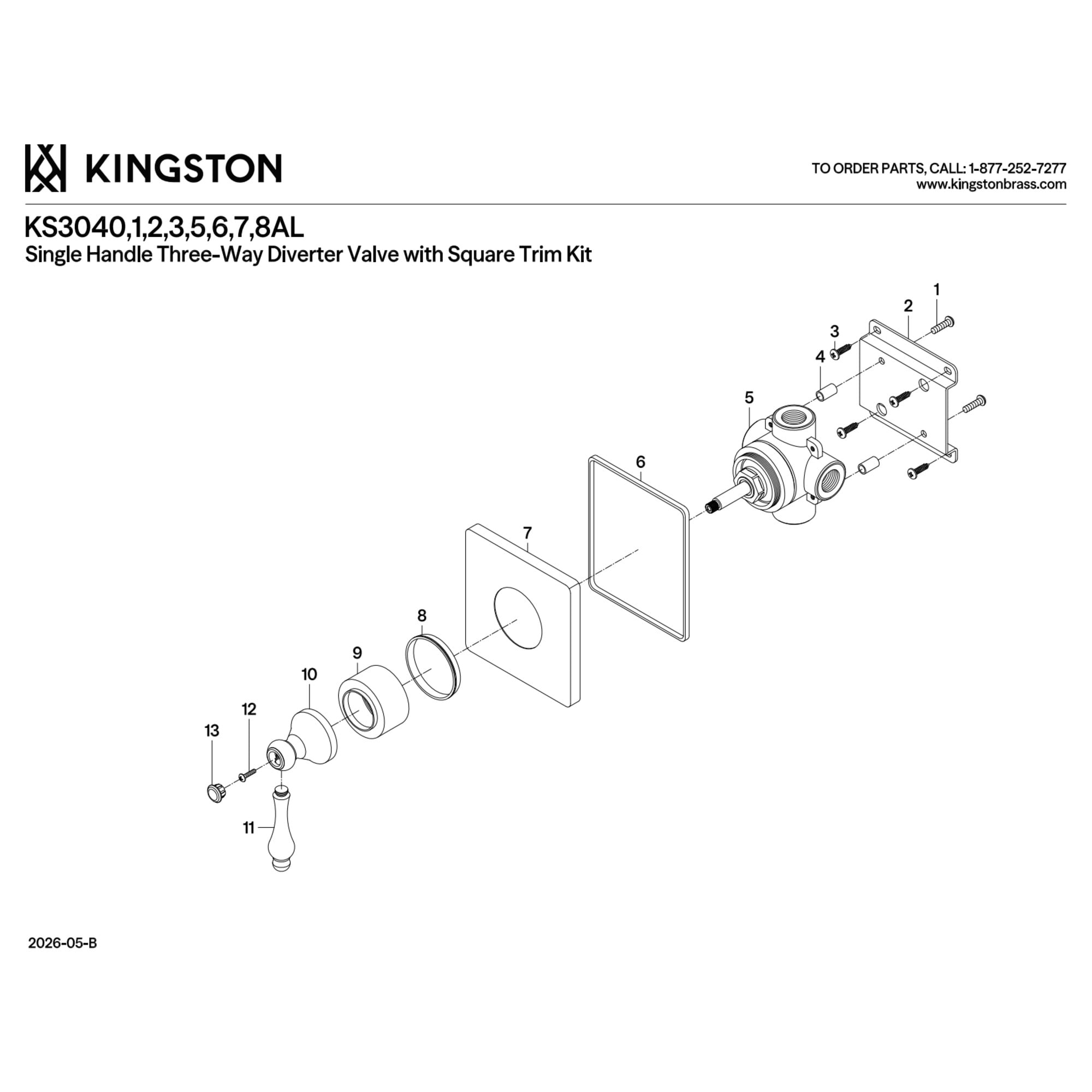 Kingston Brass KS3046AL Single-Handle Three-Way Diverter Valve with Square Trim Kit in Polished Nickel