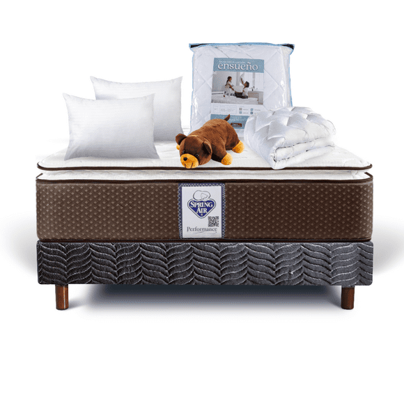 Colchón + Box Spring Air Queen Size Super Value + 2 Almohadas SC + Protector + Osito Spring Air