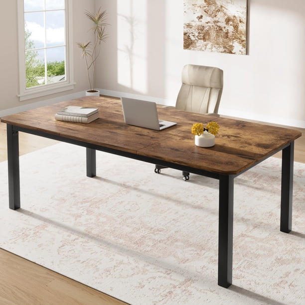 Yeshouse Mesa de comedor industrial de 198 cm para 6-8 personas, tablero extra ancho, borde biselado moderno, patas de metal negro mate, tablero de MDF de alta densidad, fácil montaje