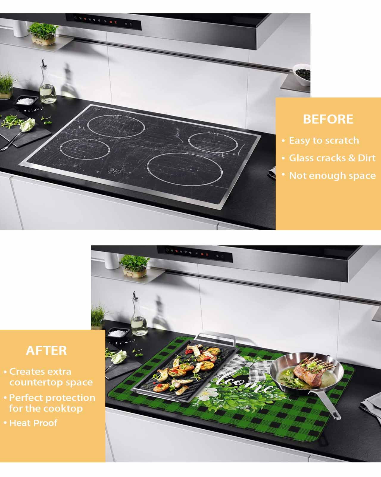 Large Induction Cooktop Protector Mat Botanical Flower Wreath Stove Top Covers for Electric Stove, Rustic Bow-Knot Green Black Plaid Decorative Stove Burner Cover Mats, Glass Top Stove Cover