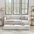 thumbnail image 4 of Twin Size Daybed with Trundle, Upholstered Sofa Bed with Vertical Stripes Linen Fabric for Bedroom Living Room Guest Room, Beige, 4 of 10