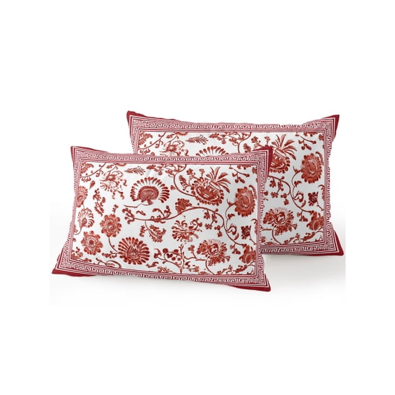 Outdoor Pillows Waterproof, Red Floral Bedding Throw Pillows with Insert for Couch Sofa Bed, Vintage Flowers Botanical Farmhouse Greek Key 12x20 Inch Pillowcases Decorative Patio Pillow Set of 2