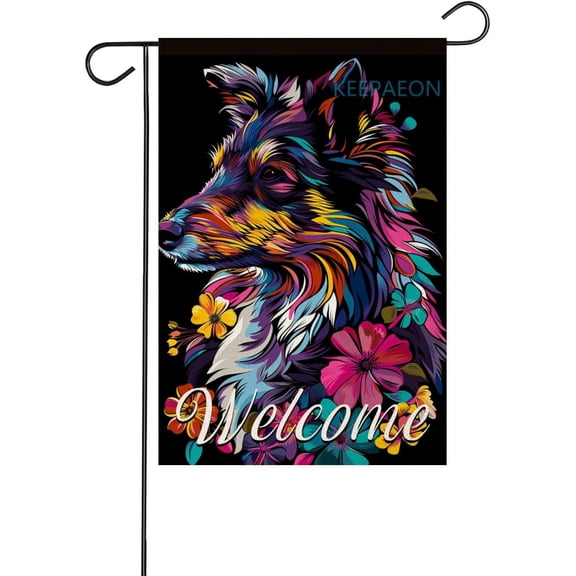 Spring Shetland Sheep Dog Garden Flag, Double Sided Linen Flower Yard House Flag, 12 x 18 Inches, Black Outdoor Porch Lawn Decoration