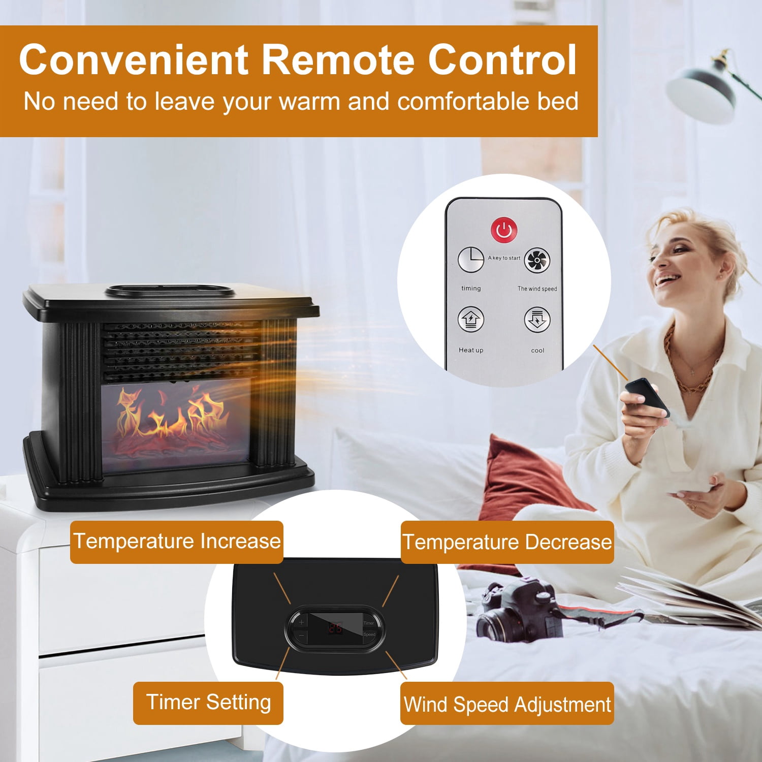 Electric Fireplace Heater 800W Artificial Flame Stove Heater with Accurate Digital Thermostat Timer Setting Remote Control Overheating Protection for Office Bedroom