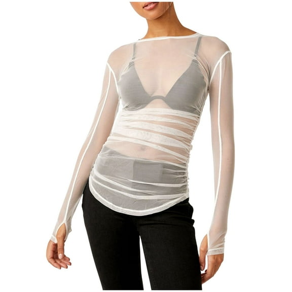 Women's Mesh Long Sleeve Layering Top Neck Sheer See Through Tee Shirt Blouse Comfortable Stylish Casual Wear