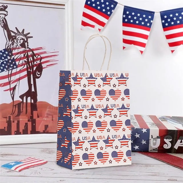 Uklsqma Independence Day Gift Bags | 12 Pack Red White Blue Kraft Paper Tote Bags | Durable Twisted Rope Handles | Large Capacity Square Bottom | Fourth of July Party Favor Bags | Gift Packaging Sho