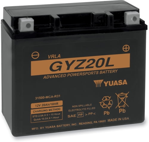 Yuasa GYZ20L Factory Activated AGM Maintenance Free 12V 20Ah Motorcycle Battery, 250 CCA (YUAM720GZ)