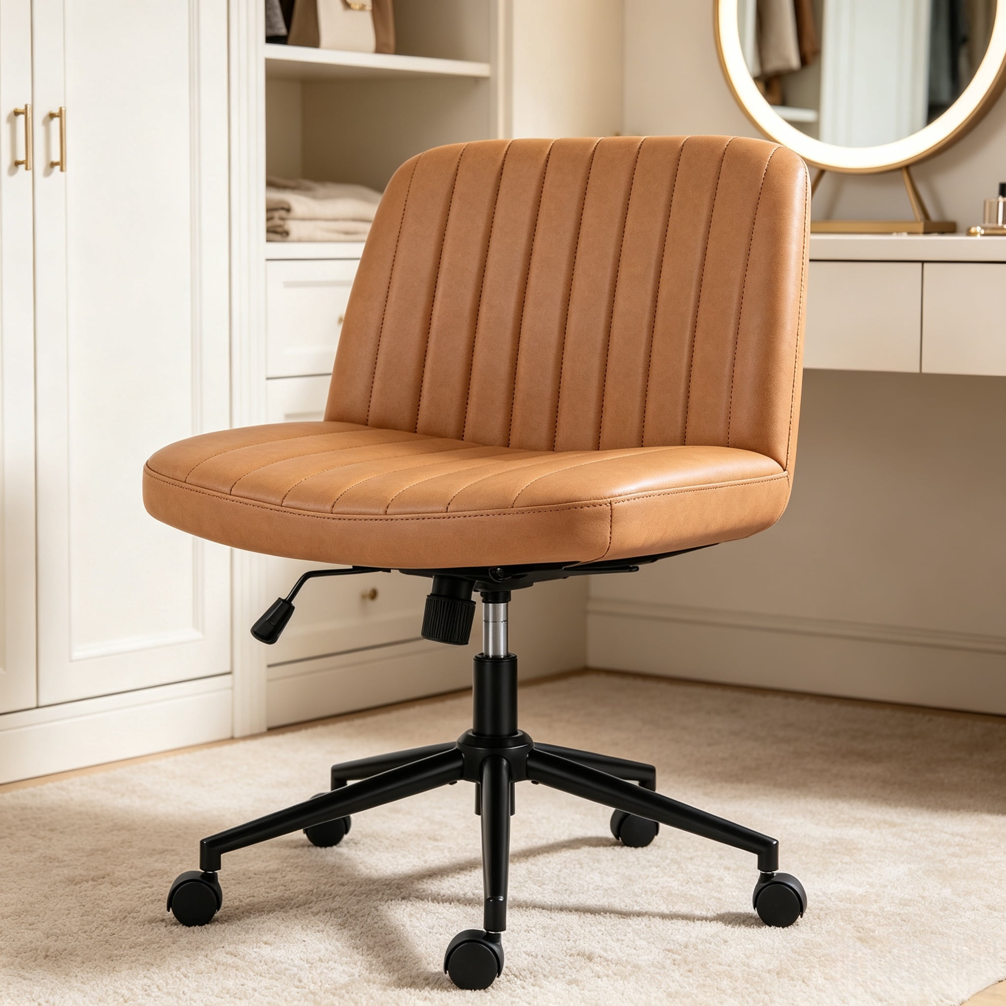 Office Desk and Vanity Chair, Armless Cross-Legged Swivel Task Chair with Wide Fabric Seat, Height Adjustment, and Replaceable Wheels or Fixed Base