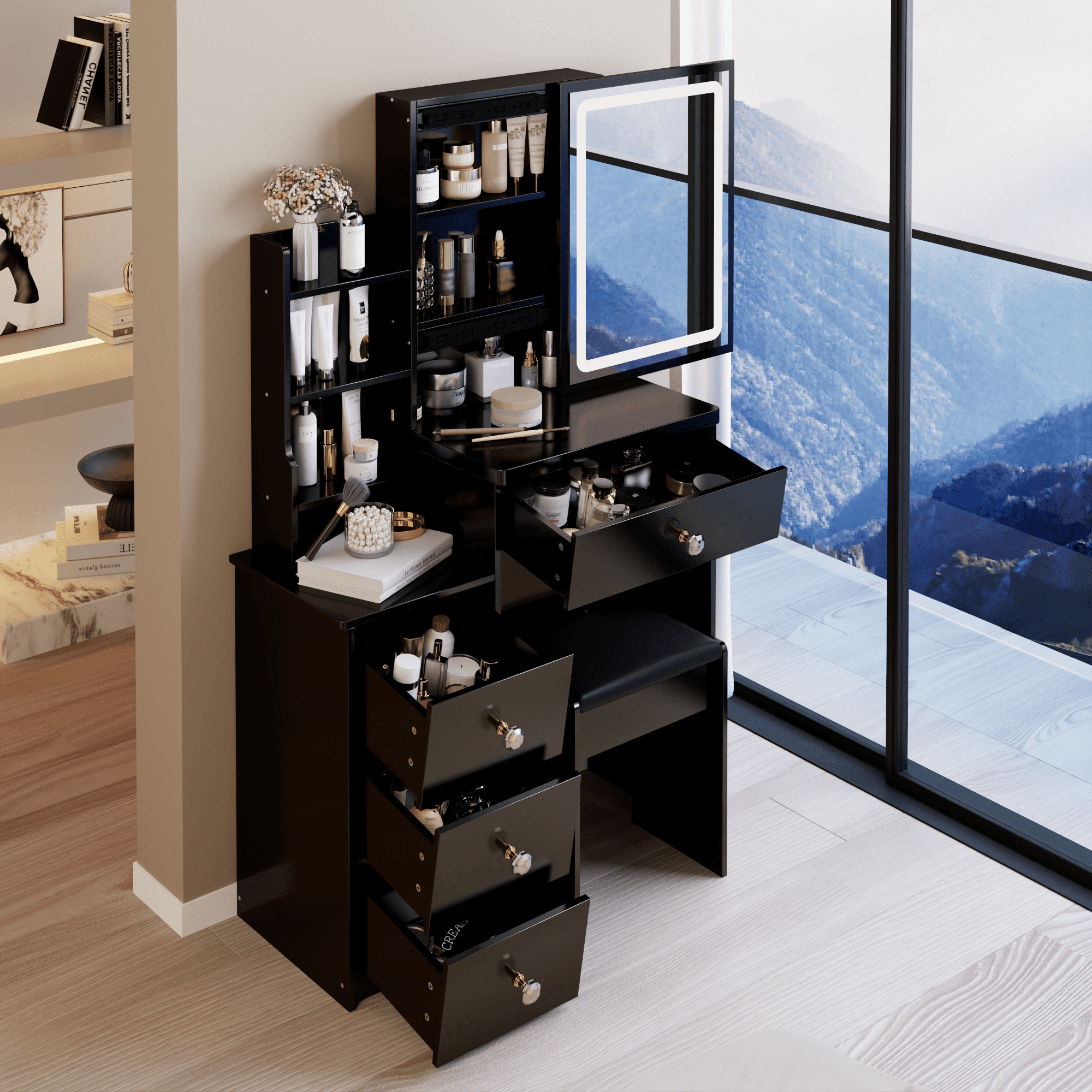 29.2" Small Size Left Bedside Cabinet Vanity Table + Cushioned Stool, Large Sliding, Touch Control, Tri-color Switching, Brightness Adjust LED Mirror, High Capacity Storage