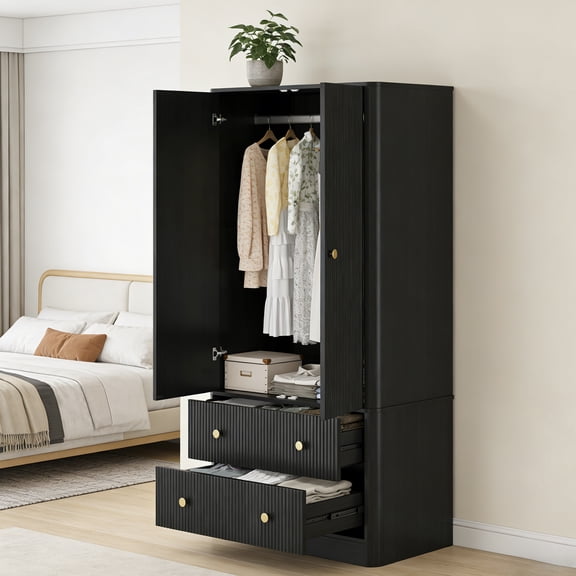 Bedroom Wardrobe Clothes Cabinet  2 Doors 2 Drawers Wooden Freestanding Storage with Wave Pattern Vintage Gold Handles for Living Room Office