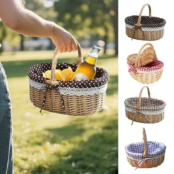 Handwoven Wicker Storage Basket with Handle and Removable Linen Lining, Bread Basket, Fruit Holder, Organizer for Home Party Picnic, Sturdy Handcrafted Wicker, Farmhouse Home Decor, Housewarming Gift
