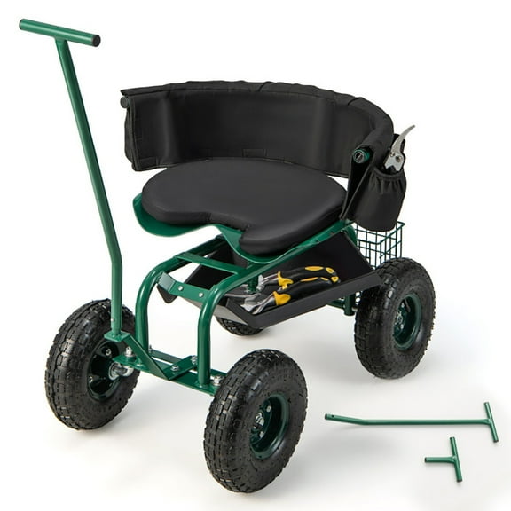 Topcobe Rolling Garden Cart with Height Adjustable Swivel Seat and Storage Basket, Gardening Cart with Seat, Green