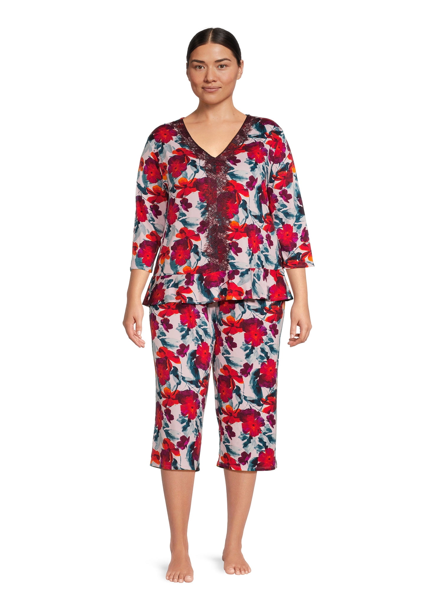 The Pioneer Woman 3/4 Sleeve V-Neck Top and Cropped Pant Pajama Set, 2-Piece, Women's