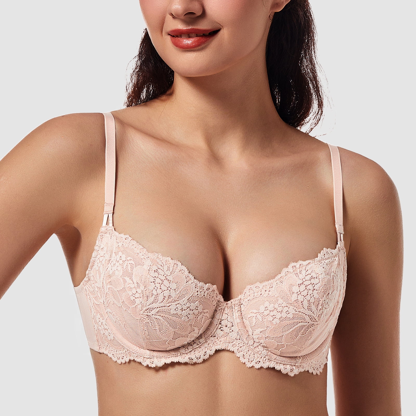 MELENECA Women's Sexy Lace Push Up Plus Size Sheer Balconette Underwire Unlined Bra Beige 40E
