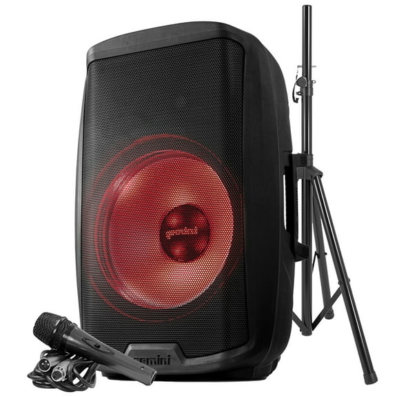 Gemini AS Series Bluetooth Multi-LED Portable PA Speaker Kit with Stand and Wired Microphone, Black, AS-2115BT-LT-PKPT
