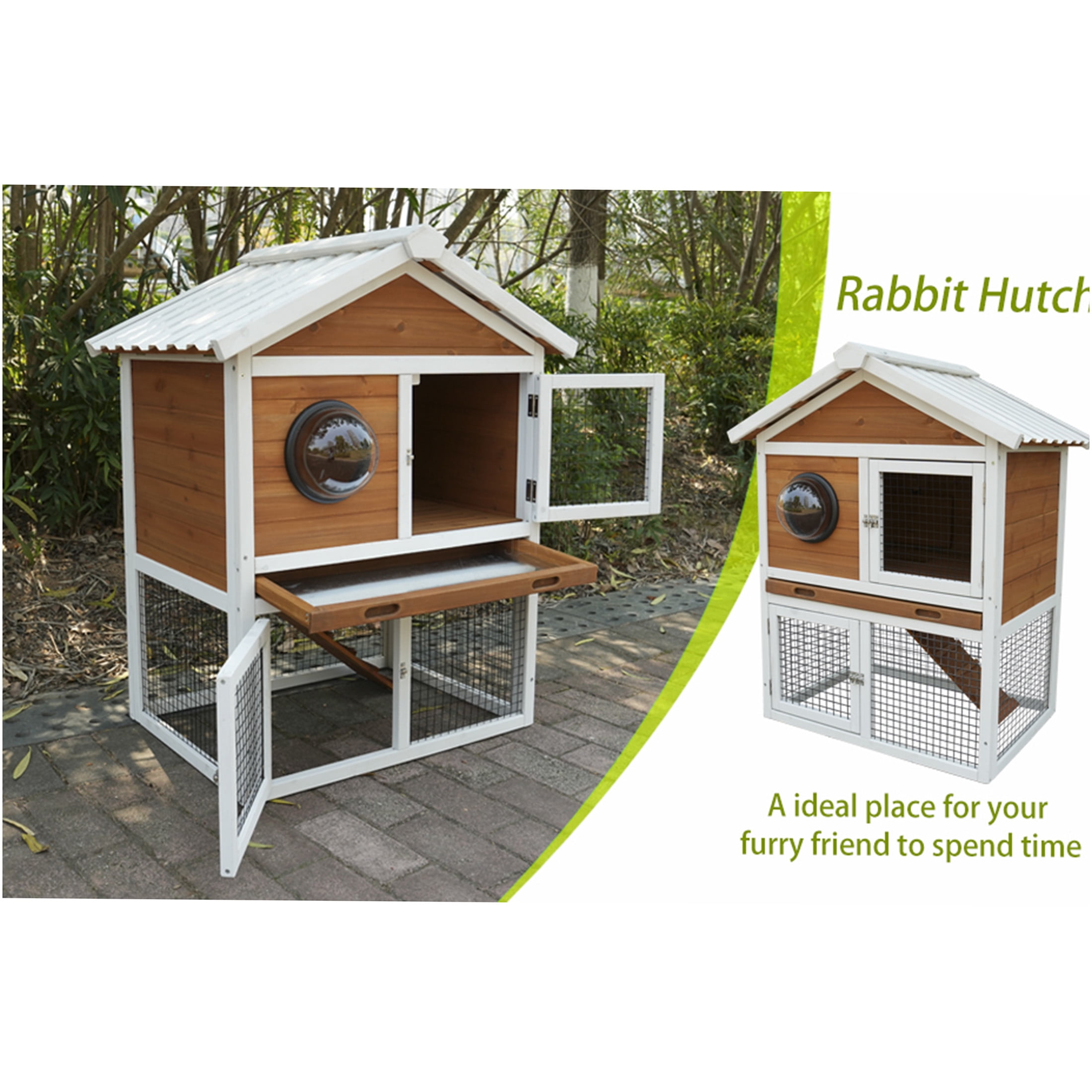 JERFIT Outdoor Rabbit Hutch with Waterproof Roof, 2-Tier Wooden Bunny Cage with Pull-Out Tray & Ramp for Rabbits, Guinea Pigs, Small Animals