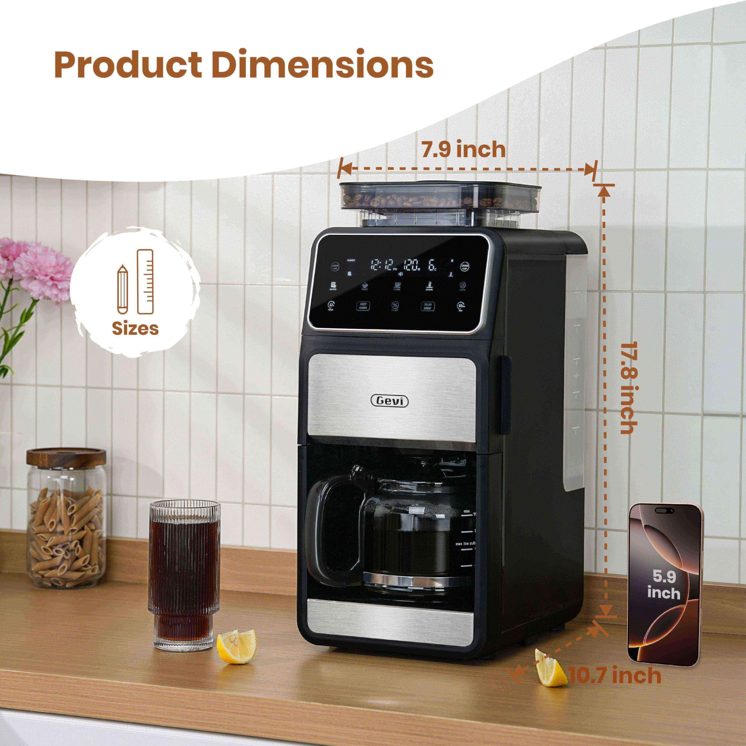 Gevi 10 Cup Drip Coffee Maker With Built-in Burr Grinder Programmable Touch Screen 4 Hour Keep Warm Permanent Filter Home Office