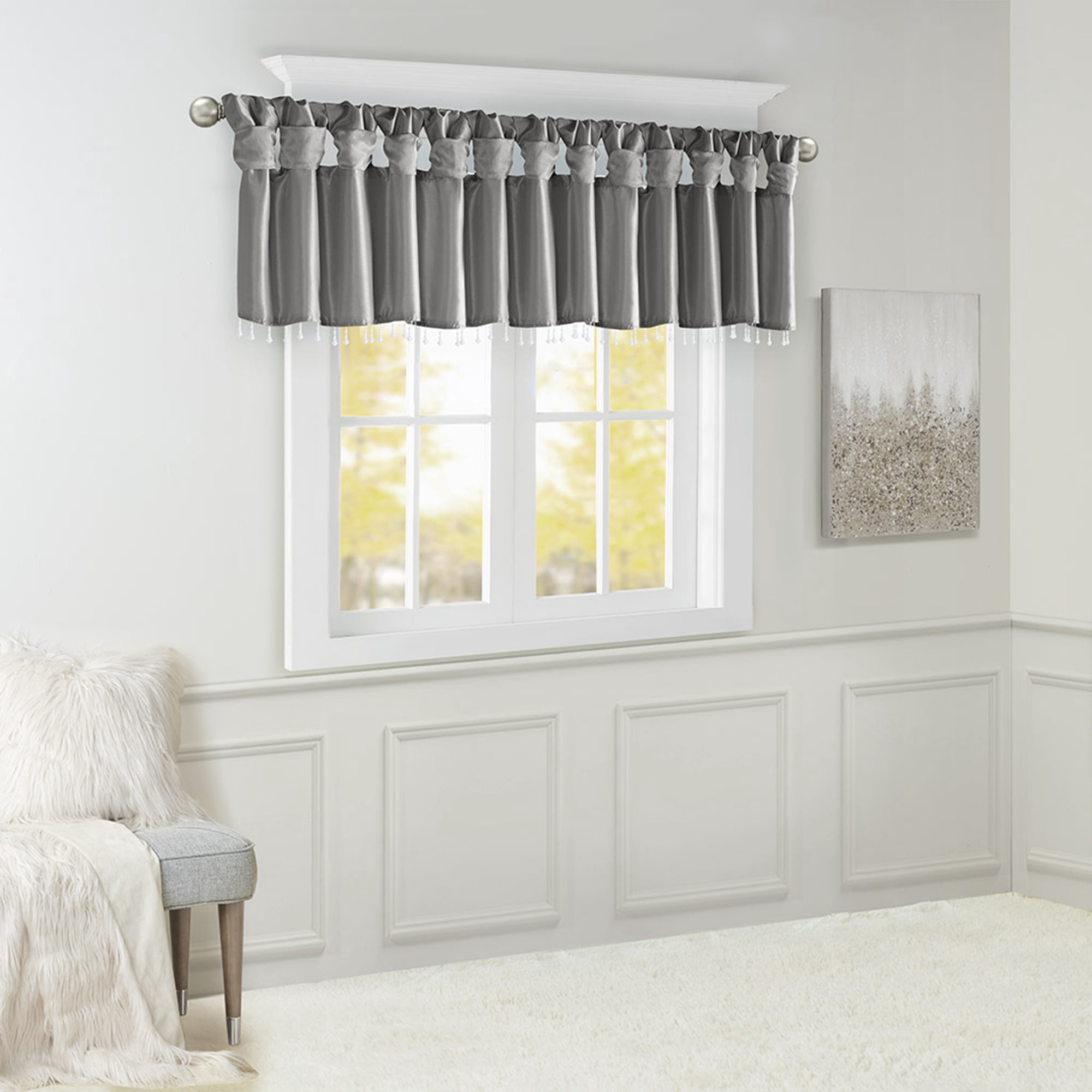 MAYEERTY 50x26" Lightweight Faux Silk Valance - With Beads, Charcoal