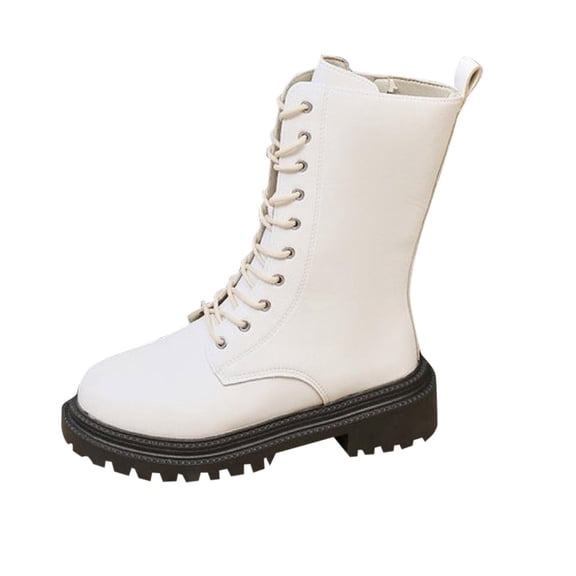 Dasayo Non Slip Womans Boots Motorcycle White Mid-Calf Side Zip Faux Leather Lace up Round Toe Boots Ladies Shoes 36