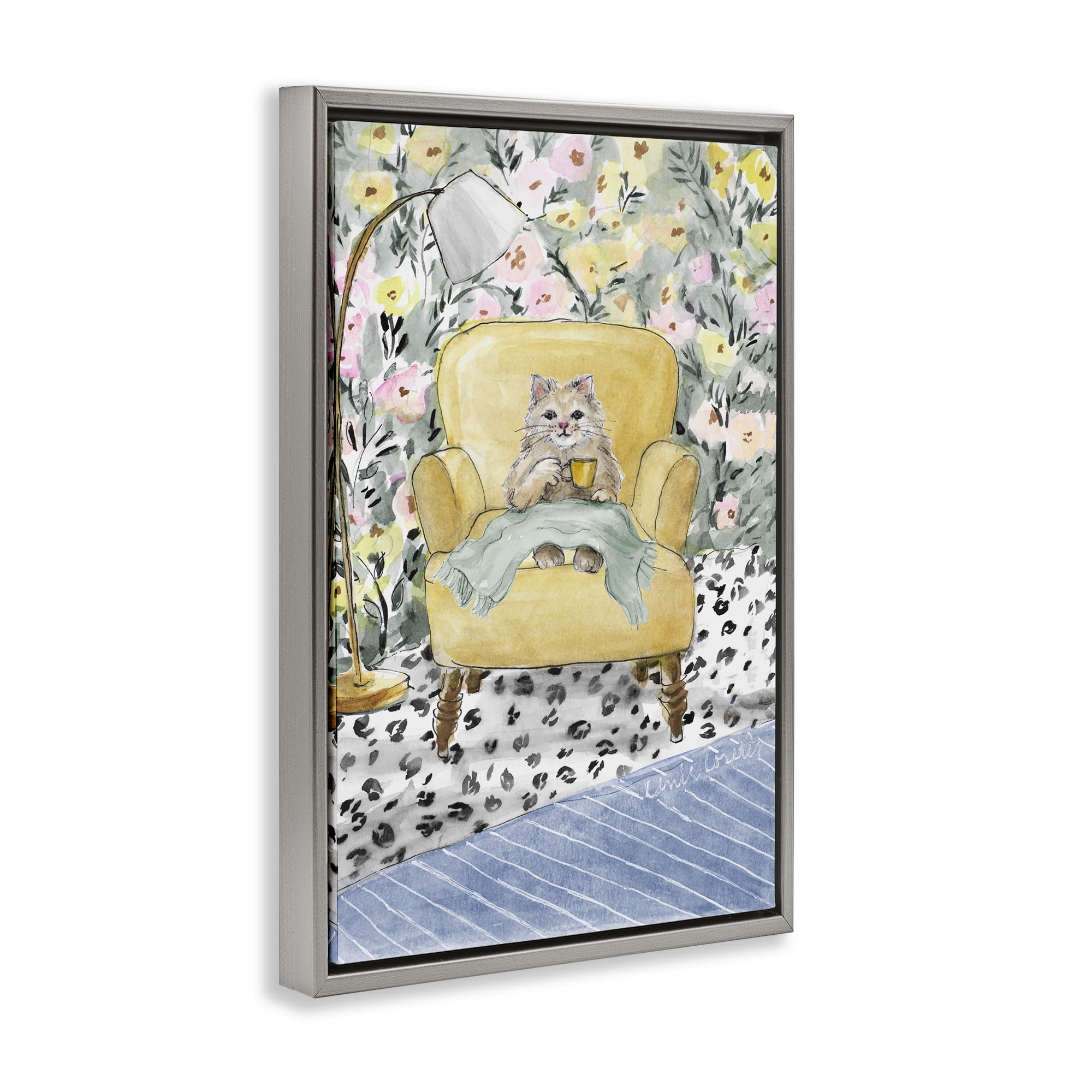 Stupell Industries Cozy Cat Relaxing Gray Framed Floater Canvas Wall Art, design by Lanie Loreth