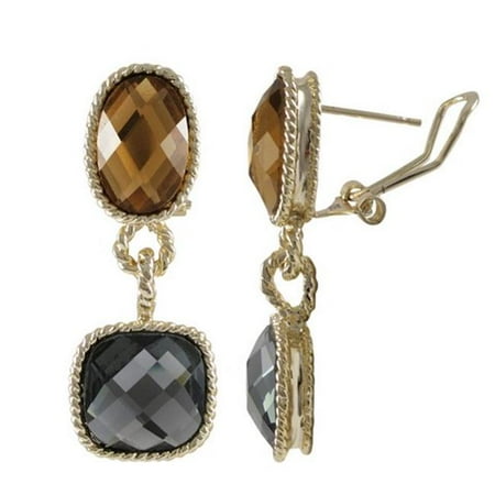 Gray Gemstone Earrings - Dlux Jewels Gold Plated Brass Omega Clip Earrings, Champagne & Grey Color