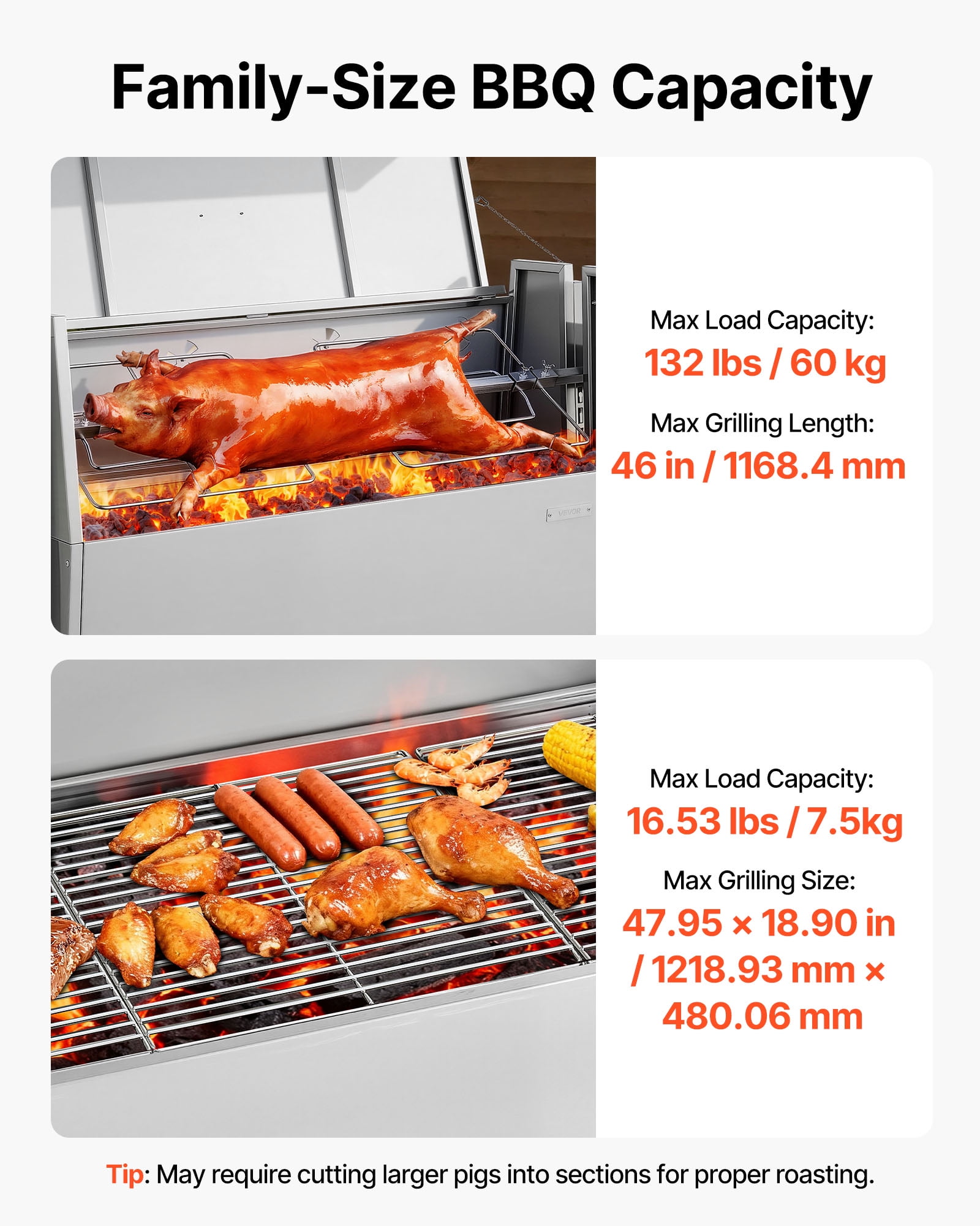 VEVOR Rotisserie Grill, 38W BBQ Outdoor Pig & Lamb Spit Roaster, Charcoal Spit Roaster with 132 LBS Capacity, Wheels & 4-Level Height, Stainless Steel Rotisserie Grill Kit for Camping Outdoor Parties