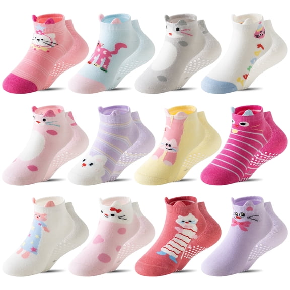 12 Pairs Baby Girls Grips Ankle Socks Kids Toddlers Infants Anti Slip Non Skid Funny Cartoon Crew Breathable Cotton Socks