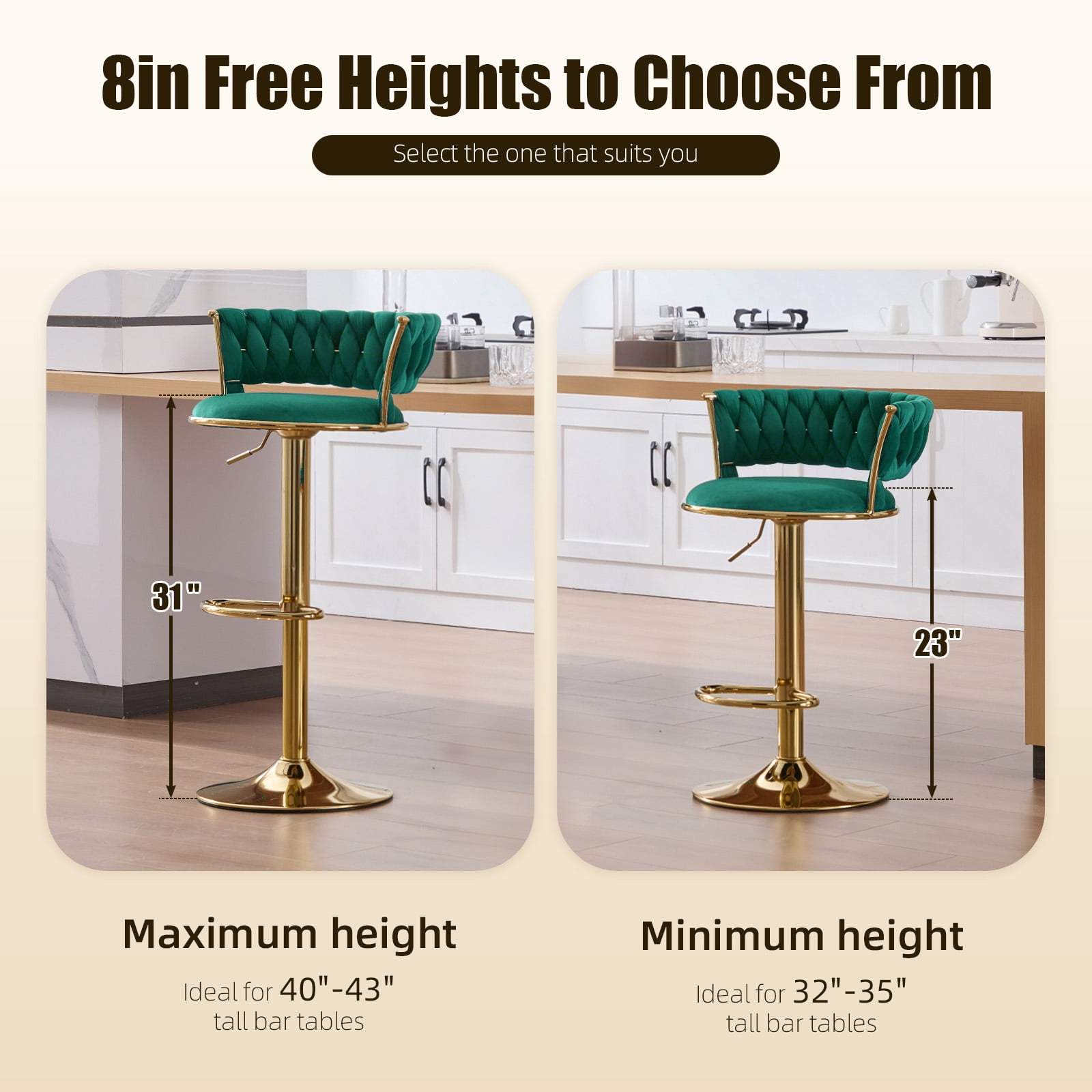 MOONMISS Bar Stools Set of 2, Adjustable Swivel Barstools, Velvet Counter Height Bar Chair with Back and Footrest for Kitchen Island Dining Room Café Pub,Green
