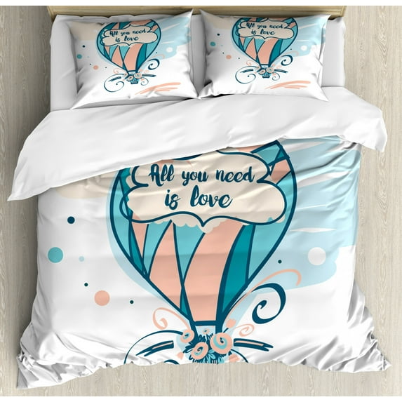 All You Need Is Love Duvet Cover Set King Size, Hot Air Balloon in Pastel Color Shades with Flowers Valentines Text, Decorative 3 Piece Bedding Set with 2 Pillow Shams, Multicolor, by Ambesonne