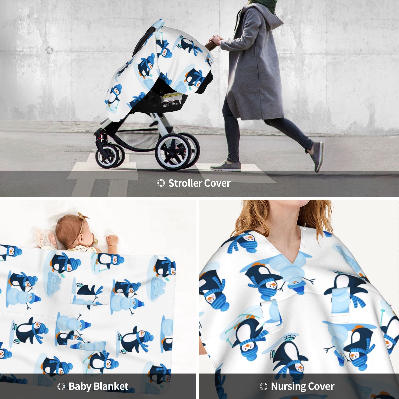 Car Seat Cover Baby - Penguin Winter Fun Breathable Infant Car Seat Cover for Baby Carseat, Lightweight Comfort Baby Essentials Must Haves Newborn Stuff for Girl Boy