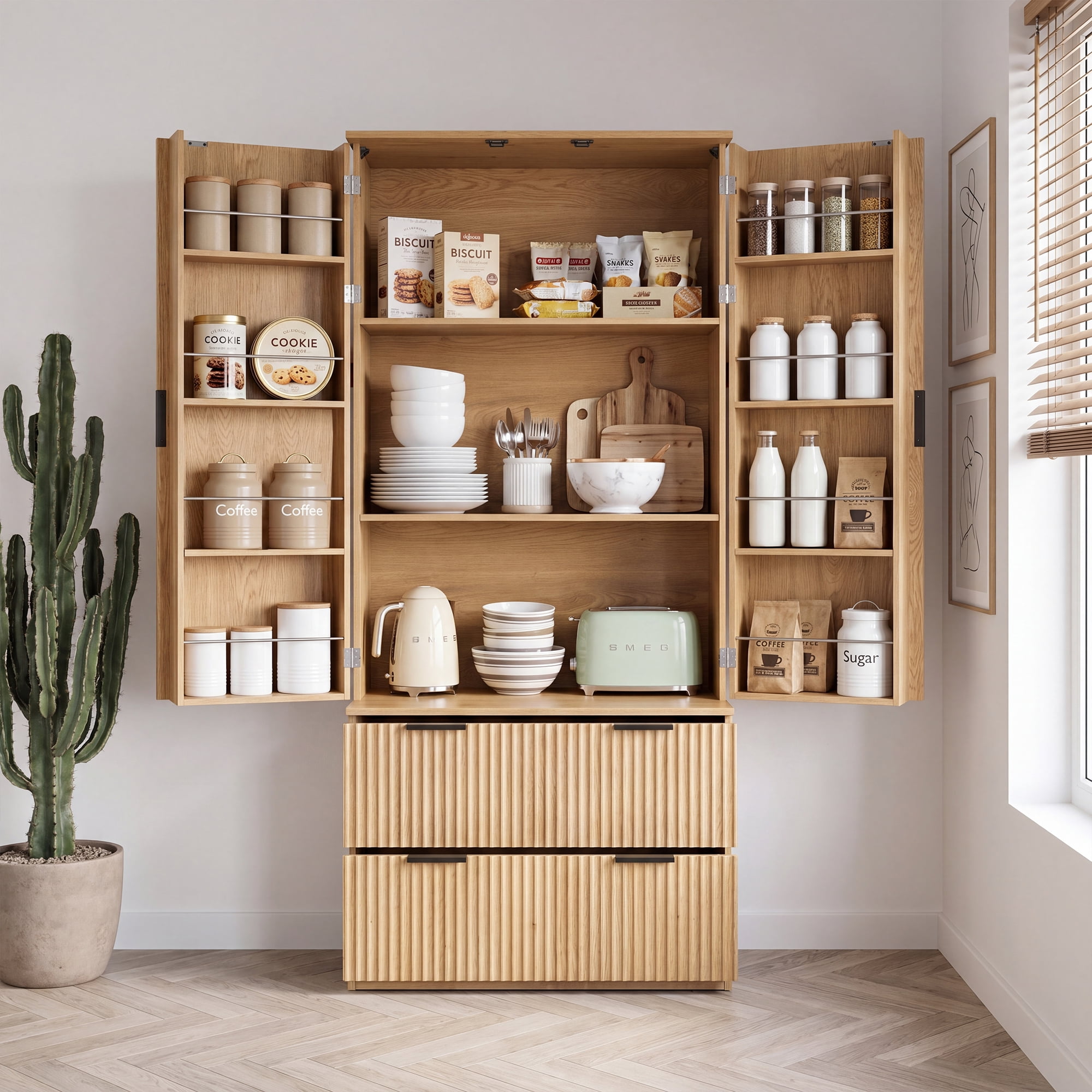 Mintazer 72" Modern Fluted Freestanding Kitchen Pantry Storage Cabinet with 2 Door & 2 Drawers, Large Storage Hutch with 8 Spice Door Racks for Kitchen Dining Room Bathroom, Natural
