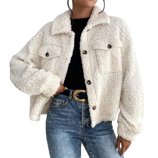 Mgmyaa Veste Courte en Peluche pour Femmes à Col Rabattu Manches Longues Boutonnée devant Décontractée en Polaire avec Poches Mélange Polyester