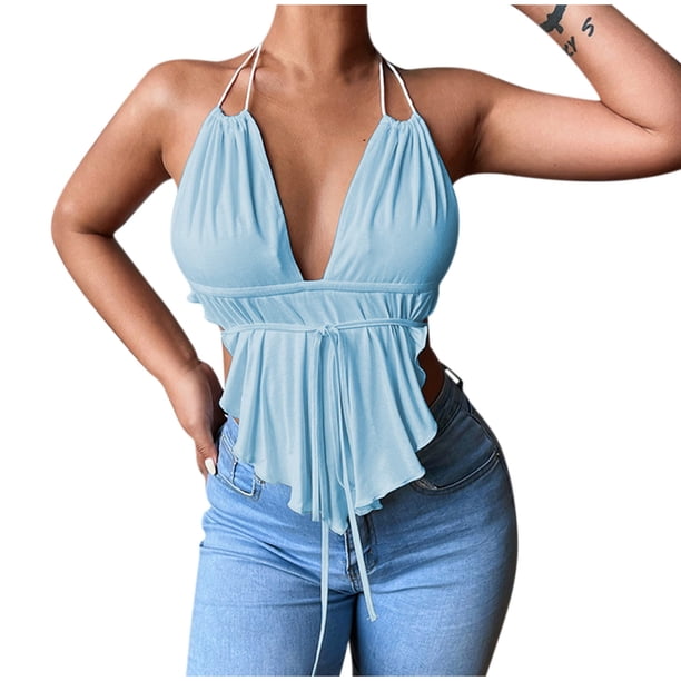 Camiseta Sin Mangas Para Mujer Tops Sin Mangas Blusa Casual Moda Causal Cuello en V Sólido Bandge Odeerbi ODB160396