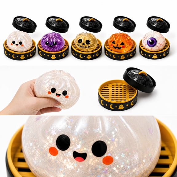 2PCS Halloween Spooky Ghost Dumpling Squishy, 3.94 in Soft Fidget Toys with Steamer Box, Halloween Party Favor