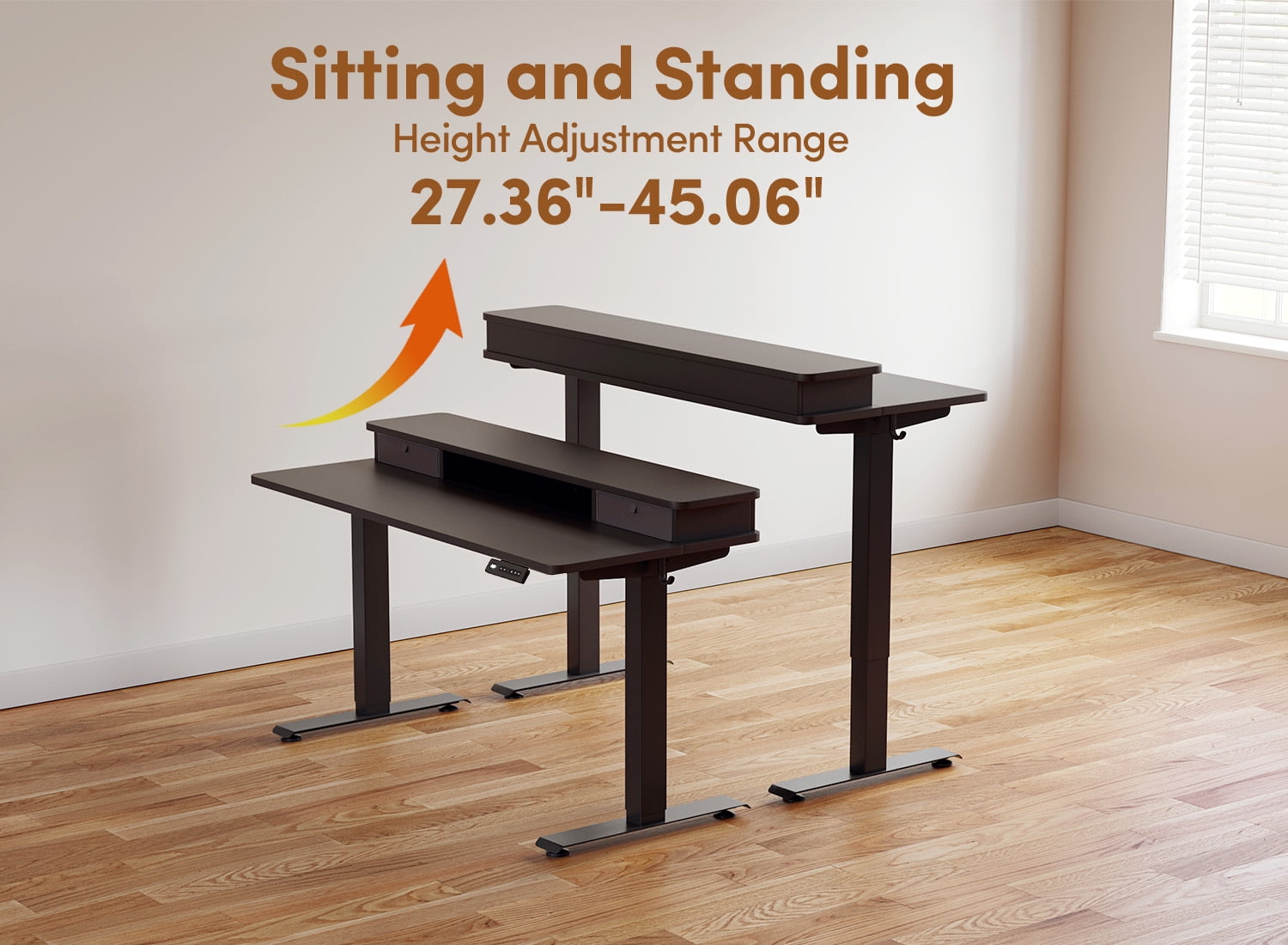 DESINO 63" x 28" Height Adjustable Electric Standing Desk with Double Drawers, Stand Up Desk with Storage Shelf, Home Office Desk Workstation with Splice Board, Black