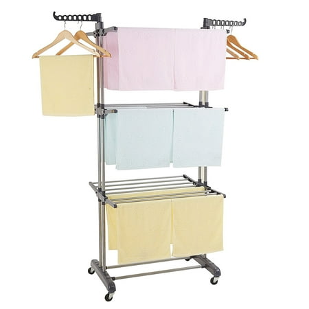 UBesGoo Foldable 3 Tier Clothes Drying Rack Rolling Collapsible Laundry Dryer Hanger Stand Rail Indoor Outdoor Dark