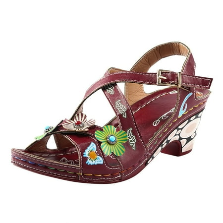 

nsendm Studded Sandals for Women Heels And Summer Flower Bohemian Spring Pattern High Shoes Women Sandals Wedges Sandal Red 7