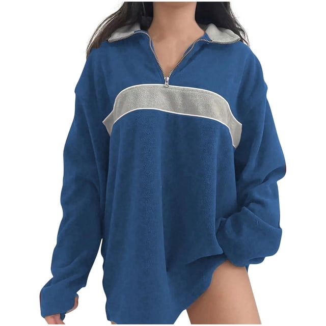 cfhntfmh Sweatshirts for Women Oversized Long Sleeve Zip up Pullover Sweater Trendy Color Block Collared Fall Outfits