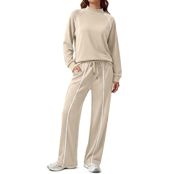 Rosvigor 2 Piece Sets Women Outfits Sweatsuit Mock Neck Sweatshirts Straight Leg Sweatpants for Travel Workout Lounge