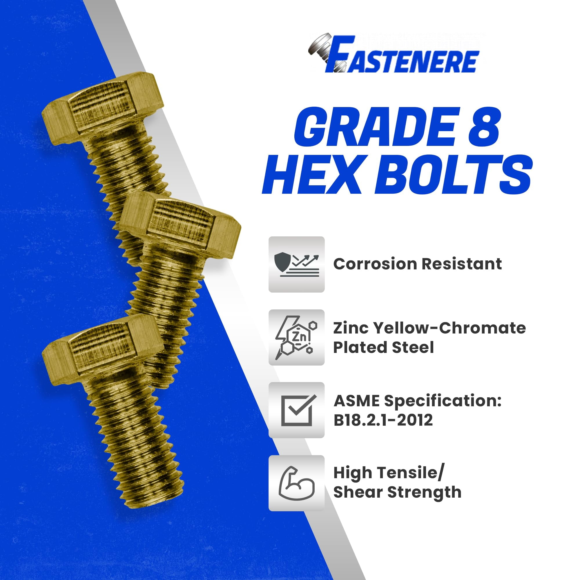 Fastenere 3/8"-24 x 5/8" Hex Bolts Grade 8 Zinc Yellow-Chromate Plated Steel, Fully Threaded Durable Hex Bolts for Machinery & Construction, Rust-Resistant, Heavy-Duty Fasteners, Pack of 25