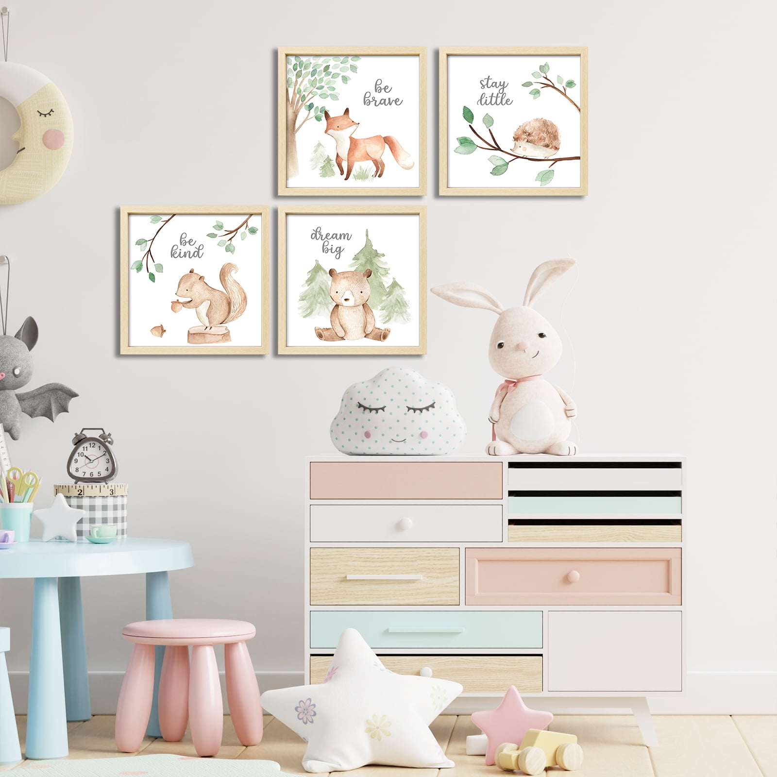 ArtbyHannah 4 Pieces 10x10 inch Funny Woodland Framed Nursery Wall Art Decor for Kids Room