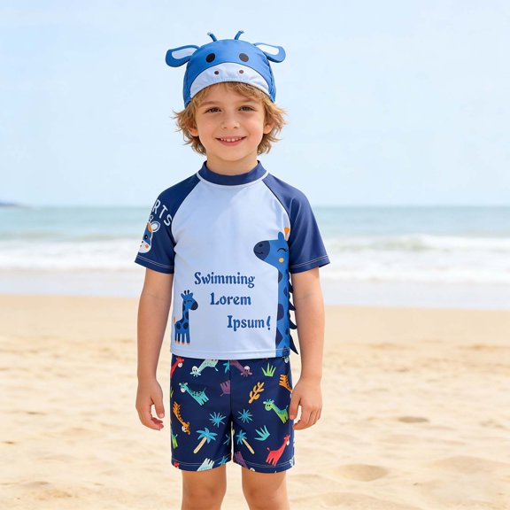 Boys Cute Animal Print Short Sleeve Top with Trunks and Cap 3 Piece Beach Swim Set Size 6-7Y