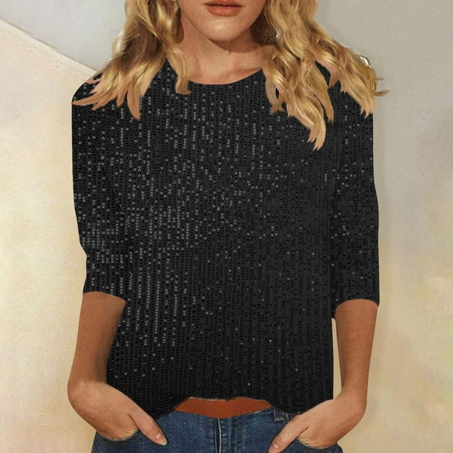 UPPADA Chandails à Col Rond pour Femmes à Manches 3/4, Blouses Décontractées à Imprimé de Paillettes, Hauts Tendance à Coupe Ample, Chandails à Enfiler, Blouse à Manches Trois Quarts pour Femmes, Hauts Décontractés à Col Rond, Hauts à Manches 3/4 pour Femmes, Économie