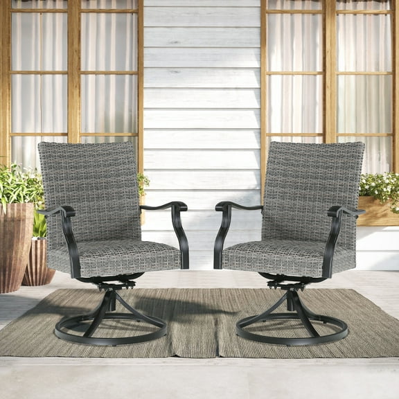 Ulax Furniture 2 Pieces Patio Rattan Swivel Dining Chairs Outdoor Metal Wicker Bistro Chairs Padded with Quick Dry Foam