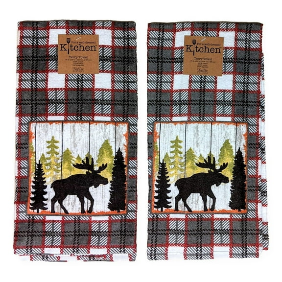 Set of 2 Simple Living MOOSE Plaid Terry Kitchen Towels by Kay Dee Designs